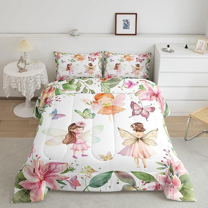 Erosebridal Fairy Garden Twin Bedding Set,Pink Floral Butterfly Comforter Set for Girls Kids,Dreamy Flower Girly Comforter,Coquette Flowers Bedroom Room Decor,1 Pillowcase Breathable