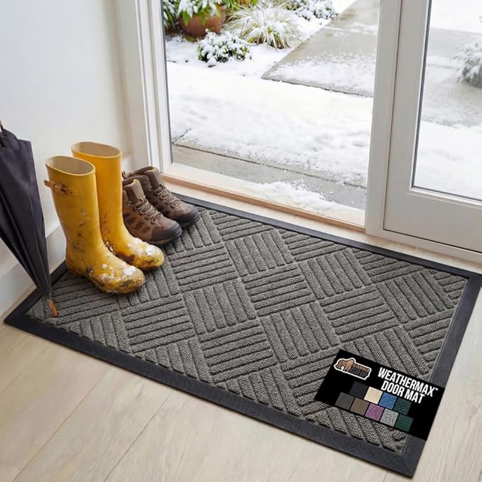 GORILLA GRIP 100% Waterproof All-Season WeatherMax Doormat, 34x58, US Designed Natural Rubber, Stain and Fade Resistant, Low Profile Indoor Outdoor Door Mats, Easy Clean Patio Mat, Gray Diamond