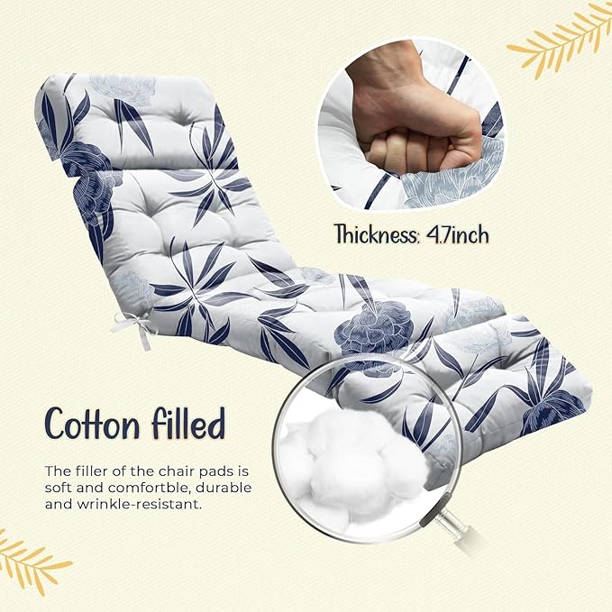 4 Pack Outdoor Chaise Lounge Chair Cushion 75.1 x 22.8 x 4.7 Inches 100% Waterproof Replacement Cotton Patio Pool Lounge Chair Cushion for Outdoor Furniture with Ties, Blue Enchantress