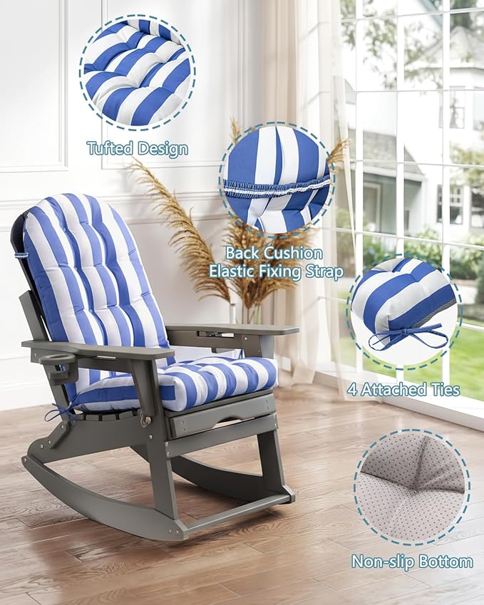 Adirondack Chair Cushion Set of 2, Thickened Patio Chair Cushions with Ties, Waterproof and UV-Protected Rocking Chair Cushion for Indoor and Outdoor, Stripe Navy Blue.