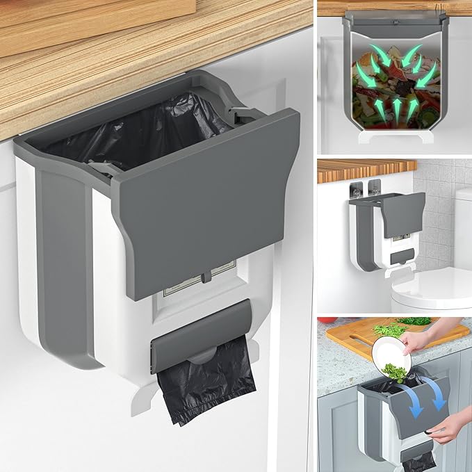 HI NINGER Small Trash Can with Lid, Grey White, 2.4 Gallon, Collapsible, Odor Seal, Kitchen Compost Bin, Hanging, Portable, Indoor