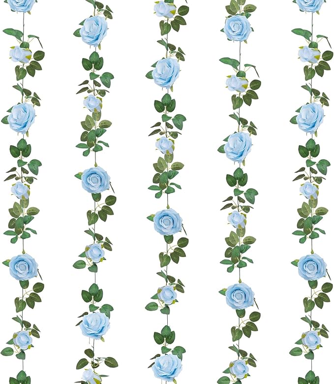 U'Artlines 5 Pack Artificial Blue Rose Vines Floral Garlands Total 32.5 Ft Fake Vine Silk Flower Garland for Indoor Outdoor Home Wedding Arch Garden Wall Decoration