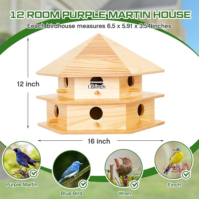 12 Room Purple Martin House Package, Deluxe Complete Birdhouse Kit with 15 ft Adjustable Pole, Ground Socket for Outdoor