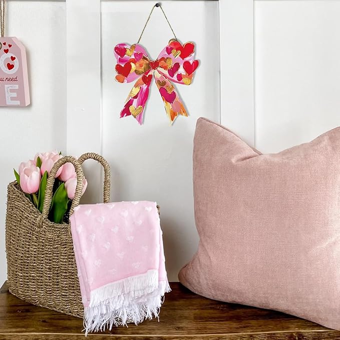 Valentines Day Wall Decor, Valentines Day Door Decorations, Gift for Boyfriend Girlfriend, Romantic Pink Heart Bow Brushstroke Wood Hanging Sign Anniversary Porch Home Office Door Decor