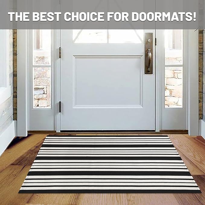 IOHOUZE Black and White Striped Rug 2.3'x3.6' Front Door Rugs Outdoor, Small Washable Area Rug for Front Porch, Spring Summer Doormats Outdoor Indoor, Cotton Rugs for Entryway Porch Entrance
