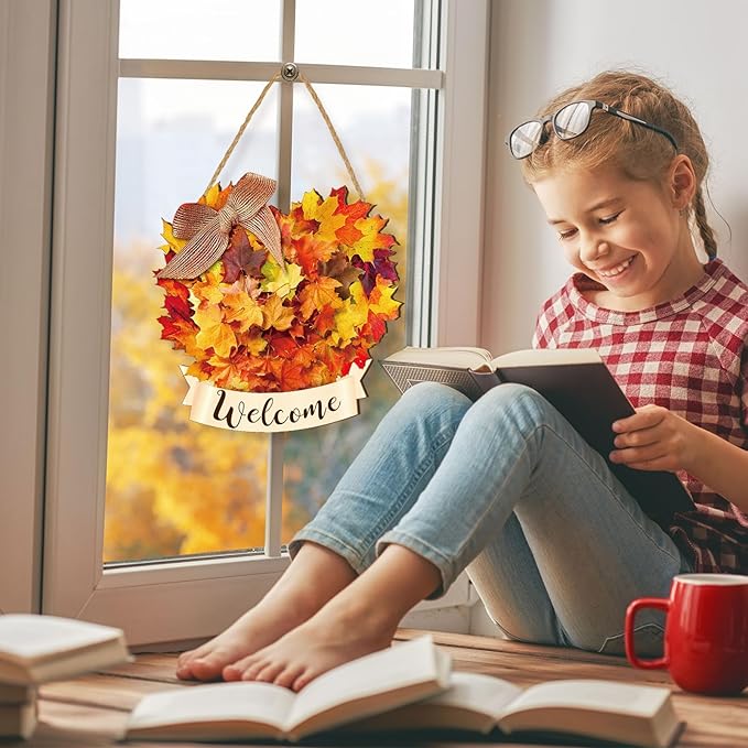 Boao Thanksgiving Welcome Door Sign Maple Leaves Hanging Decor Fall Wooden Sign Autumn Decorations Pumpkin Maple Leaves Wood Hanger for Outdoor Farmhouse Front Porch