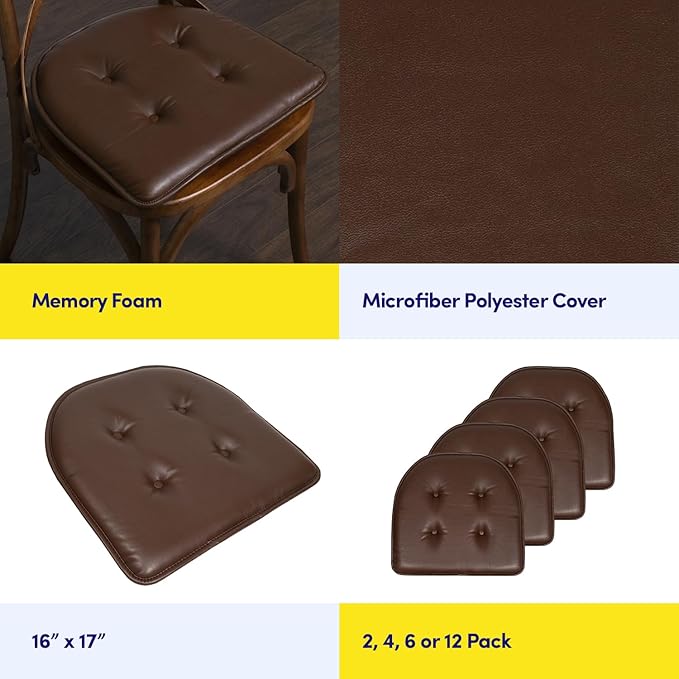 Sweet Home Collection Chair Cushion Memory Foam Pads Tufted Slip Non Skid Rubber Back U-Shaped 17" x 16" Seat Cover, 12 Pack, Faux Leather Chocolate Brown