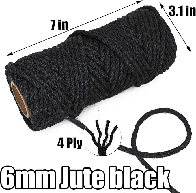 Leecogo 6mm Jute Rope 100 Feet Natural Craft Rope Twine String Perfect for Home Gardening Macrame Arts Crafts DIY Cat Scratching Post Replacement Repairing Recovering Cats Toy Making,Black