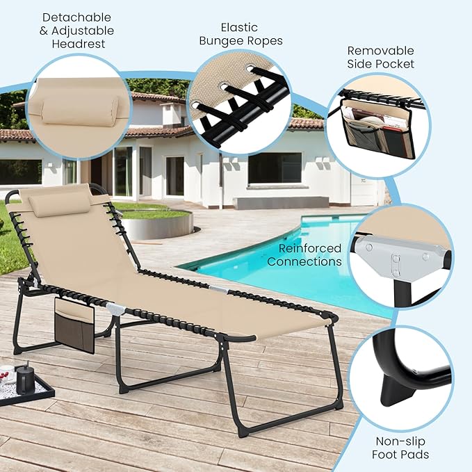 GYMAX Lounge Chair for Outside, 440lbs 27” Oversize Folding Beach Tanning Sunbath Chair with Adjustable Backrest & Removable Pillow, Lightweight Portable Patio Lounger for Lawn Poolside (Sand,1)