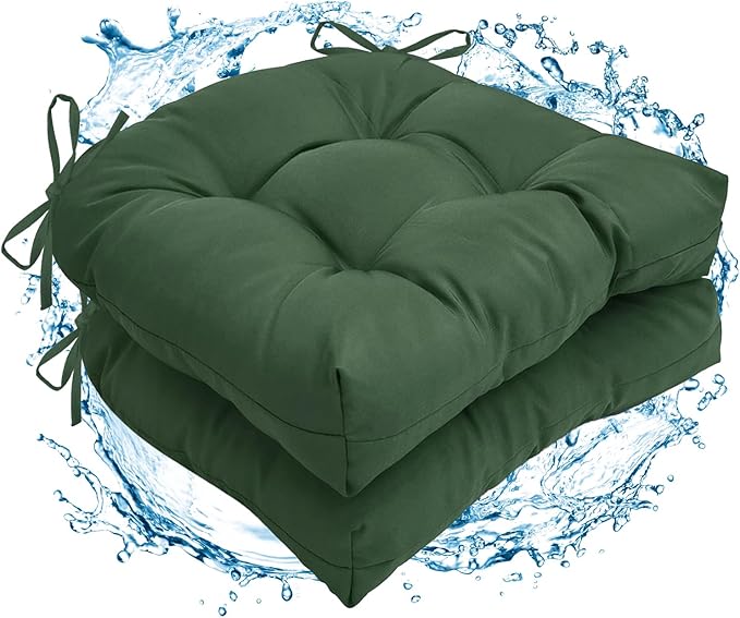 2 Pack Waterproof Outdoor Chair Cushions, Thick Tufted U-Shaped Seat Cushions with Adjustable Ties for Garden Chairs, Patio Furniture, 19x19x4.5 Inches