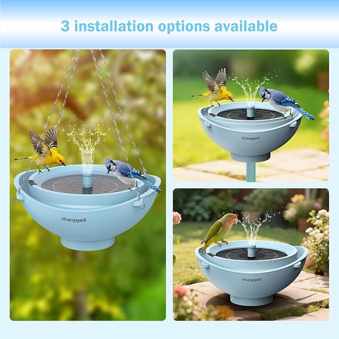 Sheggell Smart Bird Bath, 2L Large Capacity with Water Circulating Filtration, Solar Bird Bath with 3 Fountain Modes, Hanging & Freestanding Design, IPX6 Waterproof, Birdbath for Yard
