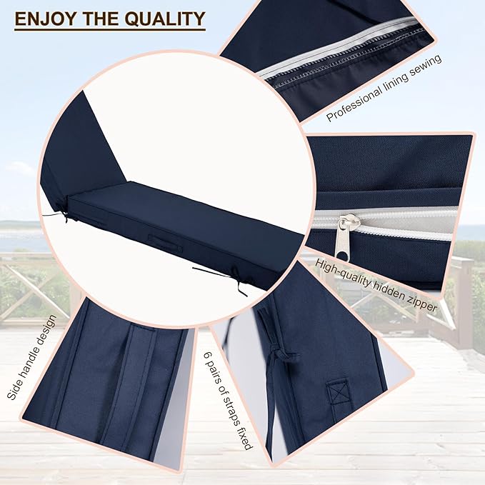 Chaise Lounge Cushions Outdoor Set of 2, Waterproof & Fade Resistant Patio Lounger Cushions, Replacement Sun Lounger Pads with Removable Cover for Pool, Deck, Lawn Furniture