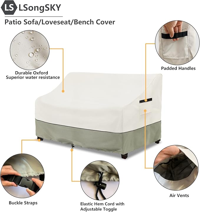 Patio 3-Seater Sofa Cover,Outdoor Couch Cover Fits up to 85W x 38D x 35H Inches,100% Waterproof Heavy Duty Patio Furniture Covers,Beige & Gray-Green