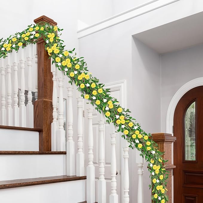 6.5 Ft Summer Garland for Mantle Artificial Yellow Daisy Swags Spring Wedding Decor Yellow Wildflower White Flowers Garland Vine for Porch Table Indoor Door Home All Year Decoration