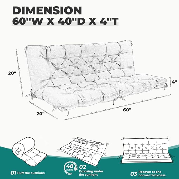 Porch Swing Cushions, Waterproof Swing Cushions Replacement with Backrest, Outdoor Swing Bench Cushions 2-3 Seater Replacement for Patio Furniture 60x40 (Teal)