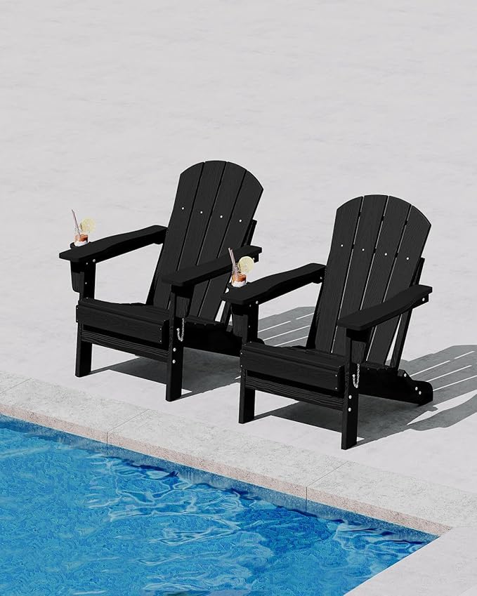 Folding Adirondack Chair Set of 6, All-Weather HDPE Outdoor Chair, Wooden Textured with Cup Holder for patios, Decks, Gardens, fire pits, Black