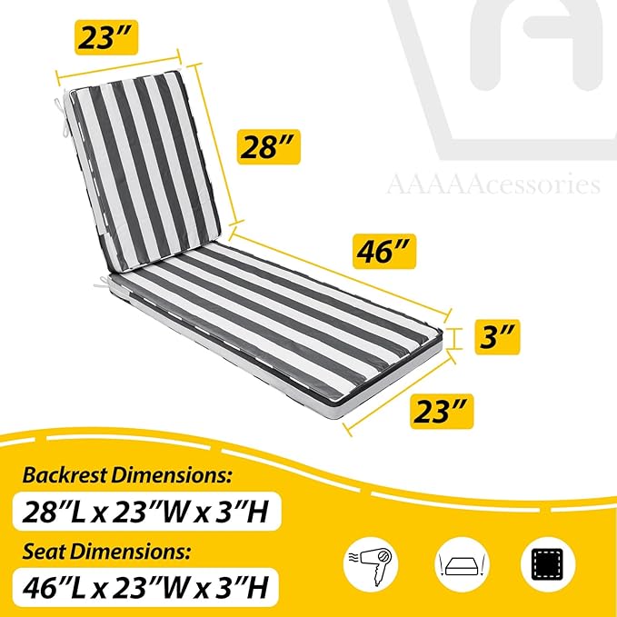 AAAAAcessories Outdoor Chaise Lounge Cushions, Fade-Resistant, Waterproof Patio Furniture Replacement Cushions, 74" x 23" x 3", Set of 2, Gray Cabana Stripe