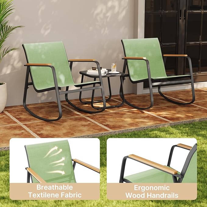 Aiho 3 Piece Patio Bistro Set, Textilene Outdoor Furniture Set with Patio Rocking Chairs with Wooden Armrests and Glass Table for for Lawn, Porch, Balcony, Poolside(Green)