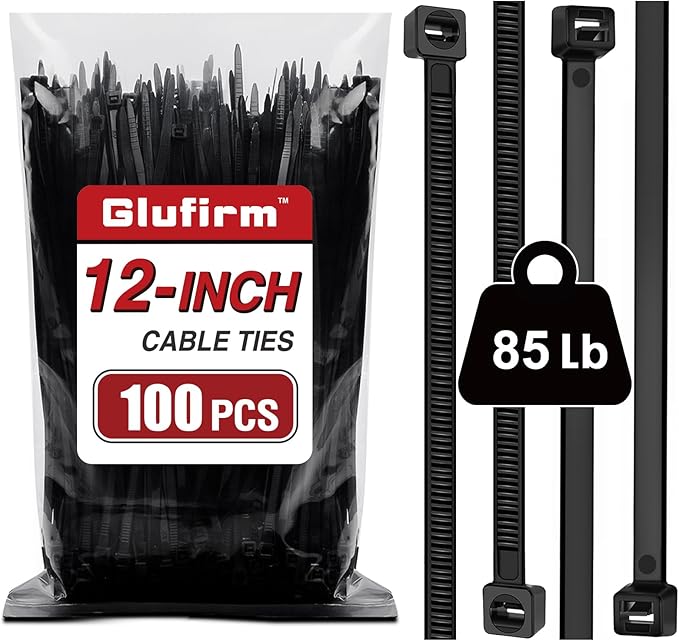 Zip Ties 12 inch (100 Pack), Double-sided Toothed, 85 lb, Delivering 1.7X Tensile Strength in the Same Specs, Black Cable Ties, Heavy Duty Wire Ties, Glufirm
