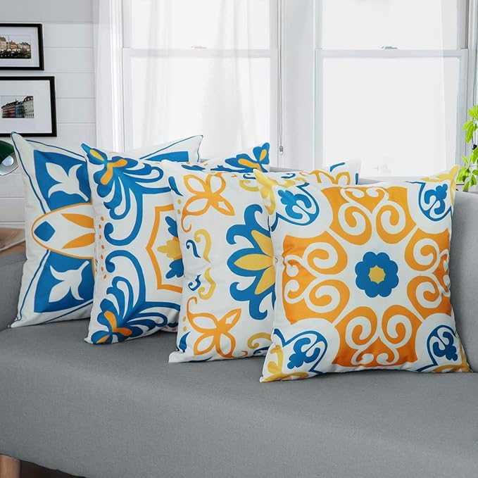 Outdoor Waterproof Throw Pillow Covers Set of 4 Floral Printed and Boho Farmhouse Outdoor Pillow Covers for Patio Funiture Garden 18x18 Inch Yellow