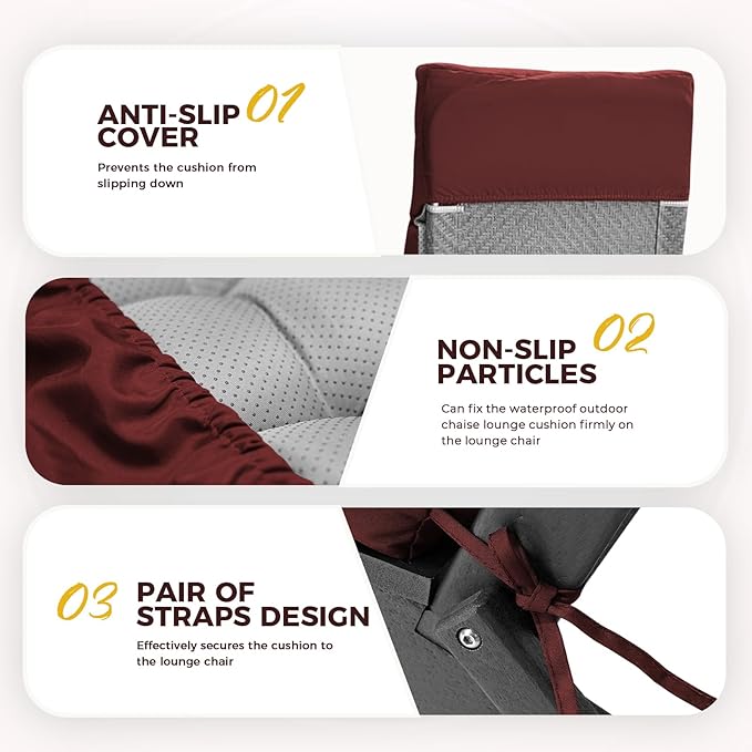 Outdoor Chaise Lounge Chair Cushion 74.4 x 22 x 4.7 Inches Non-Slip Lounge Chair Cushions for Outdoor Furniture with Ties, Patio Recliner Thickened Lounge Cushions for Indoor, Red