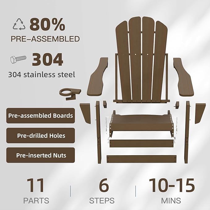 Domi Folding Adirondack Chairs Set of 4, HDPE All-Weather Outdoor Chairs with Cup Holder, Wooden Textured Fire Pit Chairs for Backyard, Patio, Poolside & Deck, Khaki
