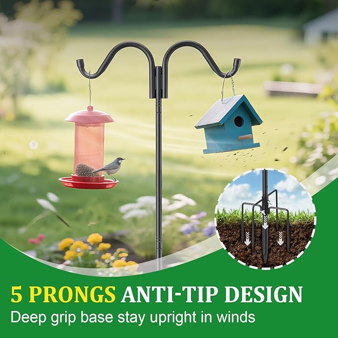Double Shepherds Hooks for Outdoor, 62 Inch Adjustable Bird Feed Pole with 5 Prongs Base, Heavy Duty Shepherds Hook for Bird Feeder, Bird House, Light Plant, Wind Chime, Hummingbird Feeder, Lantern