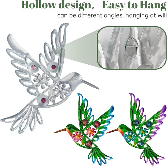 2 Pack Metal/Glass Hummingbird Wall Decor, 12.4" Outdoor Fence Wall Art Decor, Wall Sculpture Hanging Decoration Perfect for Garden Yard Living Room Bedroom Patio Balcony