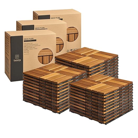 30 Pcs Deck Tiles, Patio Flooring - Outdoor Waterproof Acacia Wood Tiles for All Weather Use - Balcony, Backyard, Indoor & Outdoor (Golden Teak Crossed Pattern, 30 Square Ft)