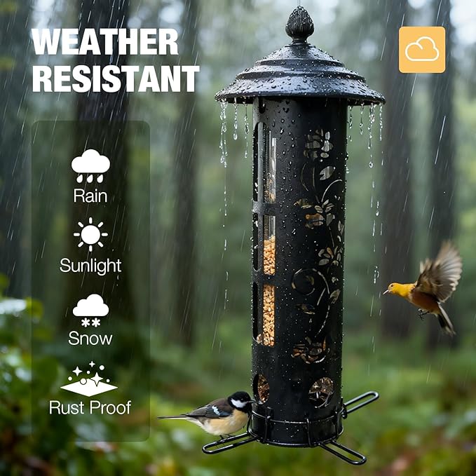 Veehoo Squirrel Proof Bird Feeder for Outdoors, Hanging Wild Bird Feeder Anti Squirrel with Weight-Activated Perches, Metal Cardinal Finch Feeder Outside Decorative for Thistle and Mixed Seed, Black