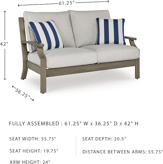 Signature Design by Ashley Rainier Ranch Casual Nuvella Weather Resistant Fabric Outdoor Loveseat with Cushion and 2 Accent Pillows, Light Brown & Light Gray