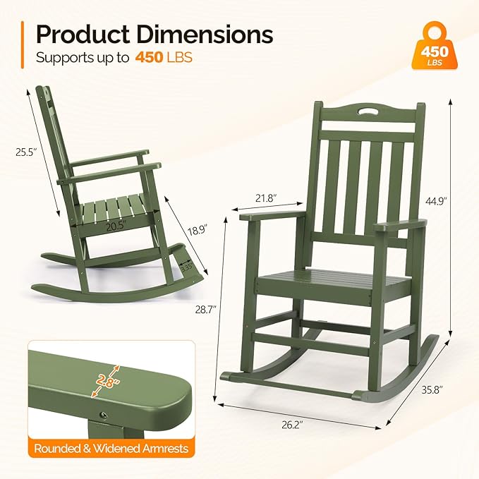 VINGLI Outdoor Rocking Chair with Footrest, Wooden Rocking Chair with 450 LBS Weight Capacity, Patio Rocker with Comfortable Backrest for Garden, Yard (Dark Green, 1PC)