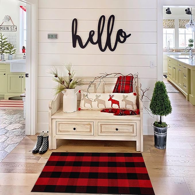 Christmas Door Mat Outdoor 27.5"x43" Buffalo Plaid Christmas Decor Rug Cotton Hand-Woven Layered Door Mats Washable Carpet for Front Porch, Kitchen, Farmhouse, Entryway
