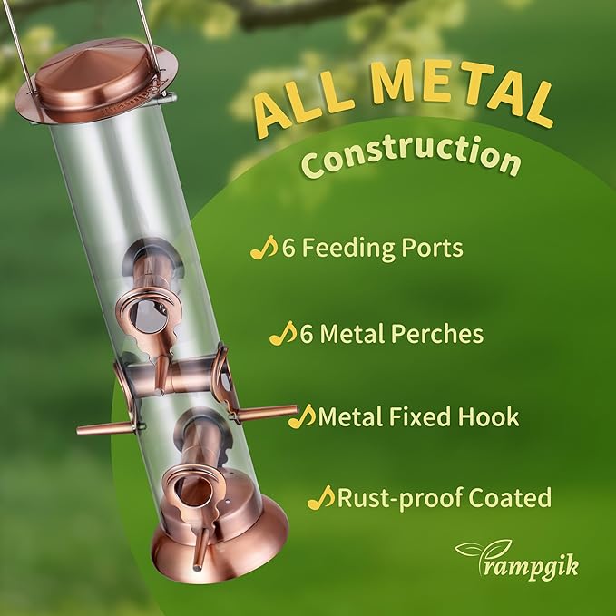 Bird Feeders for Outdoors,13 Inch 6 Ports Squirrel Proof Bird Feefers,Finch Feeder for Outside,Chew-Proof Metal Hanging Bird Feeder,Rust-Proof,Easy to Refill & Clean,Copper,Pack of 1