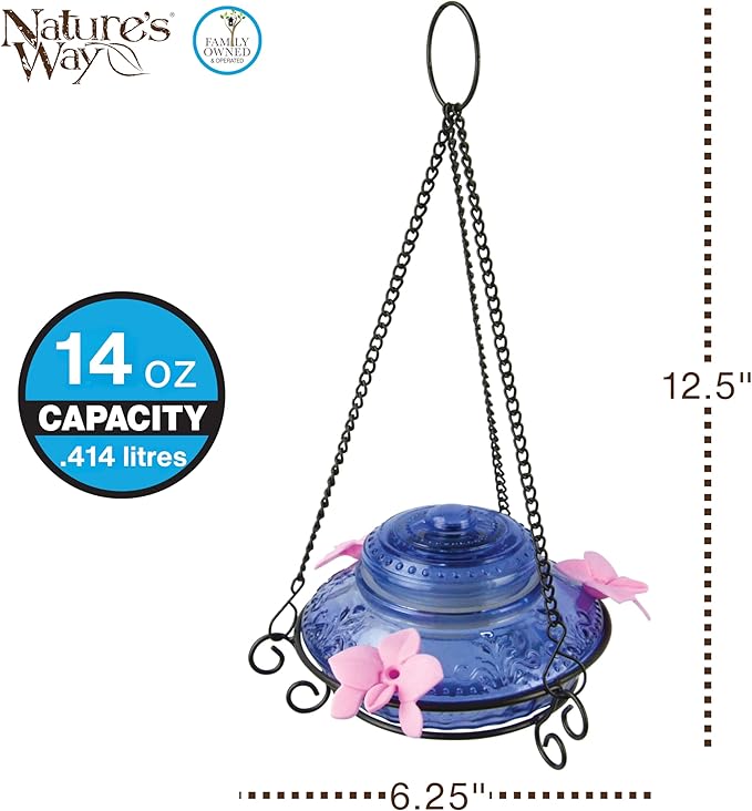 Nature's Way Bird Products ANTHF2-I Illuminated Antique Top-Fill Hummingbird Feeder, Light Blue/Pink