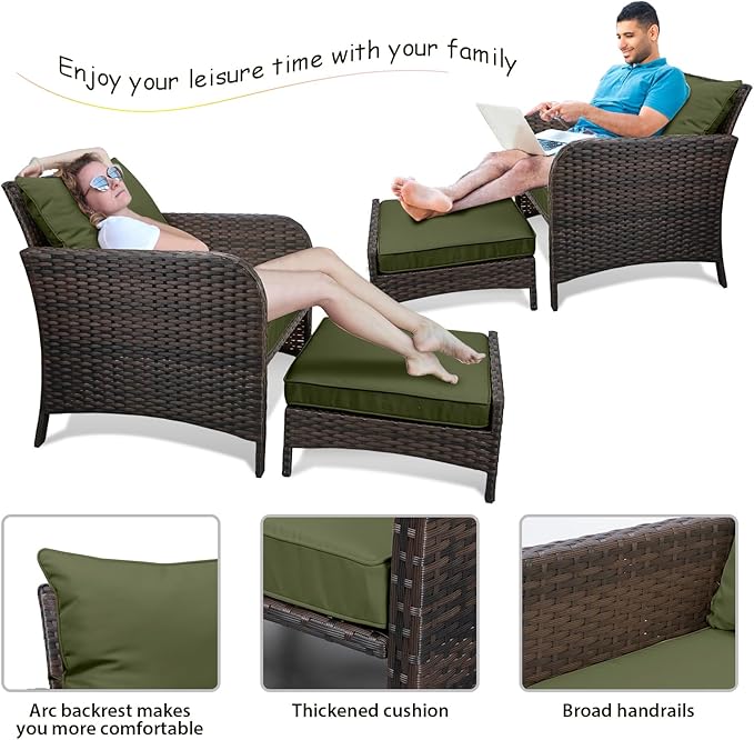 LEVELEVE Balcony Furniture 5 Piece Patio Conversation Set, PE Wicker Rattan Outdoor Lounge Chairs with Soft Cushions 2 Ottoman&Glass Table for Porch, Lawn-Brown Wicker（Army Green