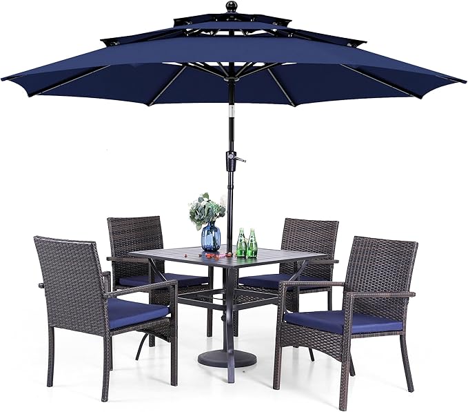 PHI VILLA 5 Piece Outdoor Dining Set with Umbrella, 37" Square Metal Dining Table & Cushioned Rattan Chairs with 10ft Blue Umbrella for Patio, Deck, Yard, Porch