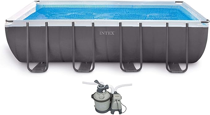 Intex 26351EH 18ft X 9ft X 52in Ultra Frame Rectangular Pool Set with Sand Filter Pump, Ladder, Ground Cloth & Pool Cover