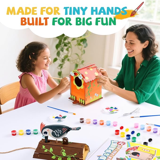 Paint Your Own BirdHouses, Wooden Painting Crafts Kits for Kids, Wooden Woodpecker Doorbell & DIY Bird House for Outside, Arts and Crafts for Kids Ages 8-12, Gifts for 8-12 Year Old Girls Boys