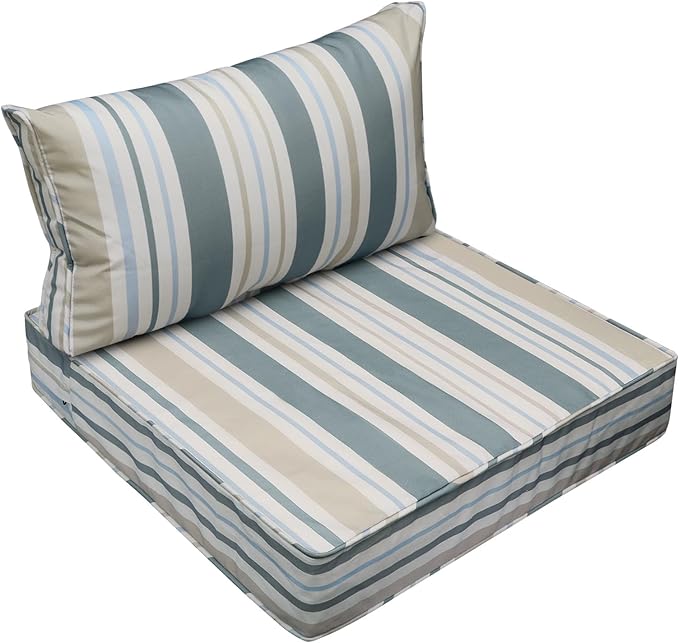 AAAAAcessories Outdoor Seat Cushions for Chairs, Fade-Resistant, Waterproof Patio Furniture Replacement Cushions, 23" x 23" x 5" + 23" x 13.5", Slate Gray Blue Coastal Stripe