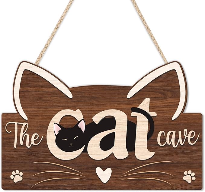 HLNIUC Funny Black Cat Door Sign(11”x7”),Cute Pat Welcome Wall Decor,The Cat Cave Hanging Decoration for Front Door,Housewarming Gift Wall Sign for Pat Lovers,Cats Welcome People Tolerated Plaque