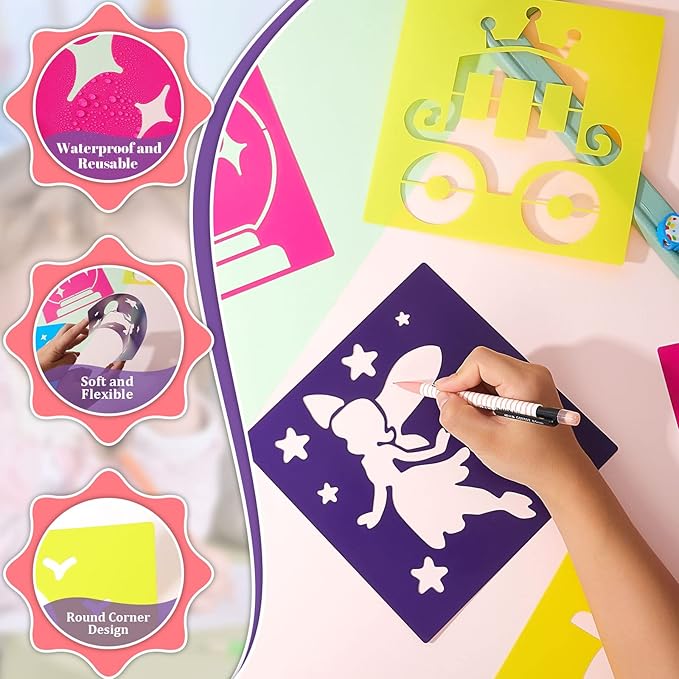 Epakh 24 Pieces Stencils for Kids 8 Inches Drawing Stencils Chalk Template Large Washable Geometric and Garden Themed Primary Shape Template for Kids Toddlers Preschooler(Girl Style)
