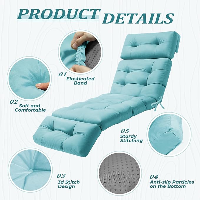 Waterproof Long Lounger Chair Cushion Outdoor Chaise Lounge Chair Cushionswith Ties, Patio Recliner Thickened Lounge Chair Cushions for Indoor 74.4 x 22 x 4.7 Inches, Cushion Only(Lake Blue)