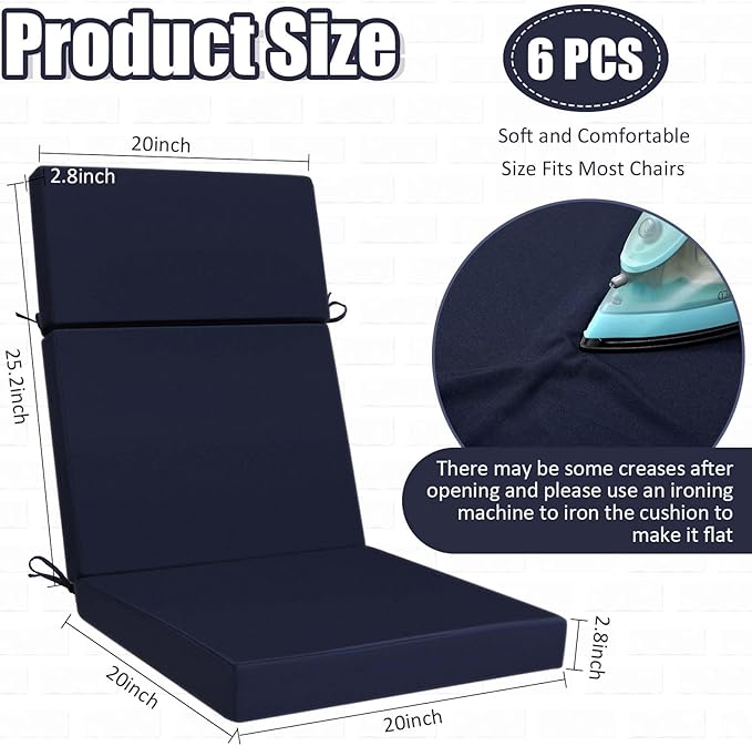 6 Pack Outdoor High Back Chair Cushion, 44 x 20 inches Patio Chair Cushions Waterproof Rocking Cushions Indoor Furniture Seat Pad, Weather Resistant (Solid,Navy Blue)