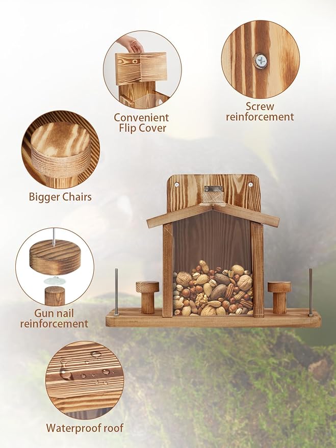 Squirrel Feeder for Outside, Durable Wooden Squirrel Feeder Platform, Funny Squirrel Houses Picnic Table, Squirrel Feeders for Outdoors Tree Peanuts Nuts Corn Cobs Holder Wooden Chipmunk Feeder Box