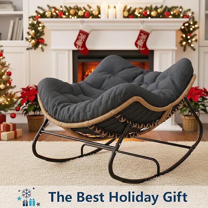 Outdoor Rocking Chair, Oversized Papasan Chair, Indoor Comfy Lounge Rocker with Cushion for Patio, Living Room, Porch, Balcony-Dark Grey