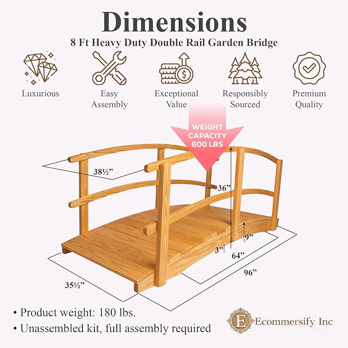 8 FT Natural Amish Made Garden Bridge with Double Rails for Walkway, Backyard Pond & Landscaping, Outdoor Wooden Footbridge for Koi Pond, Japanese Style Decorative Bridge, Made in USA