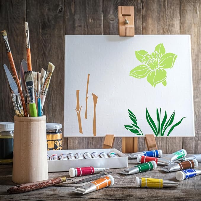 10pcs Flower Stencils for Painting, Large Floral Stencils for Painting on Walls Reusable Flower Templates Stem Leaf Stencils for Painting on Wood Walls Garden Fences Furniture Crafts