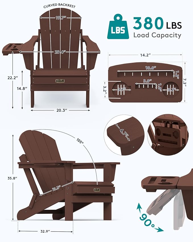 SERWALL Folding Adirondack Chair Set of 2, HIPS Adirondack Chairs with 4 in 1 Cup Holder, Weather Resistant Plastic Chairs for Patio Garden Outdoors Fire Pit-Coffee