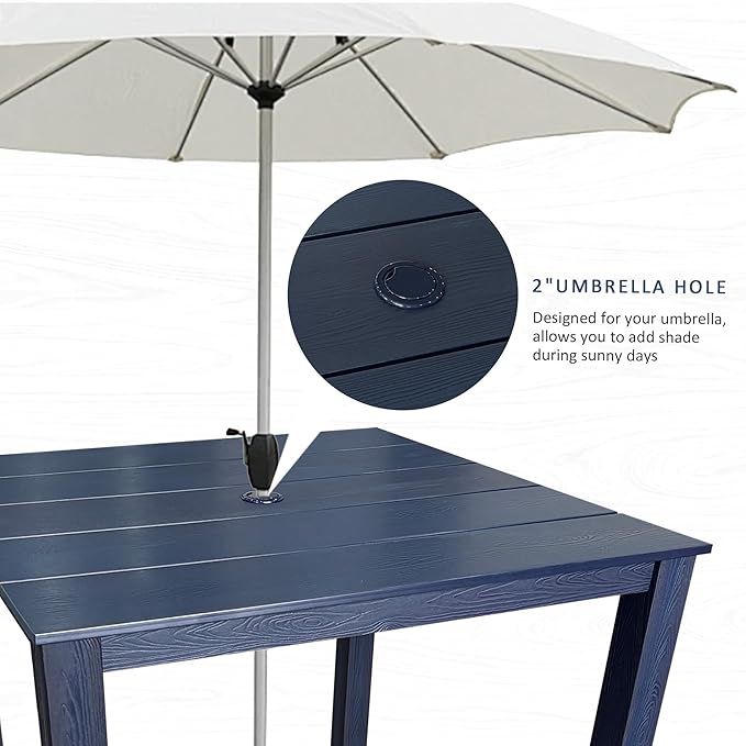Poly Lumber Patio Dining Set, HIPS Outdoor 36.2-Inches Dining Table and Slat Back Chairs, with Umbrella Hole, Weather Resistant (5 Piece, Navy Blue)